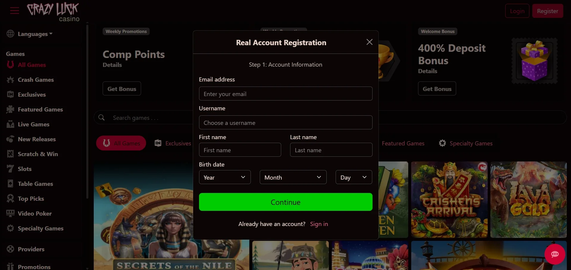 Crazy Luck Casino sign up